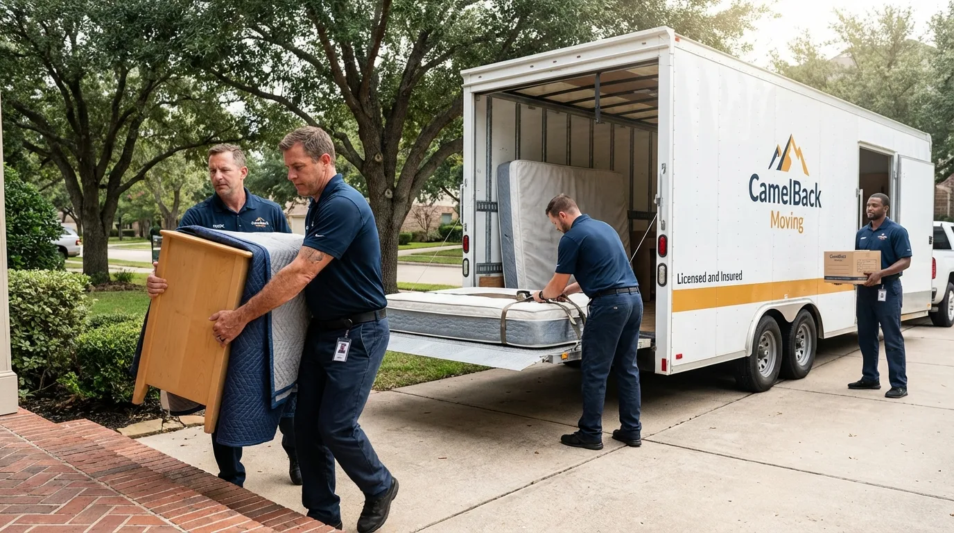 Crew loading residential truck for cross-state move from Three Rivers, CA