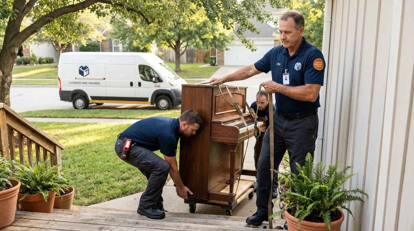 Licensed piano movers securing grand piano in Three Rivers, CA