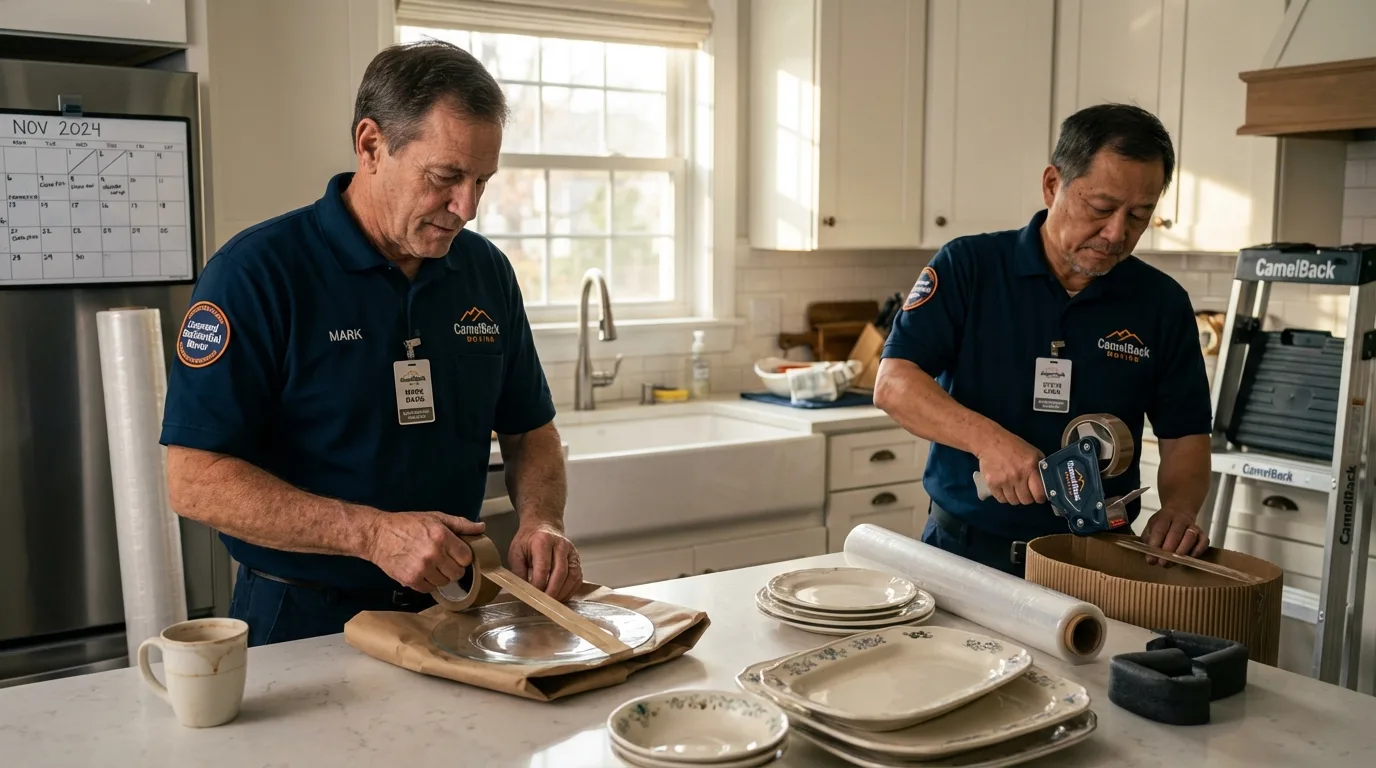 Professional crew packing kitchen dishware in Three Rivers, CA